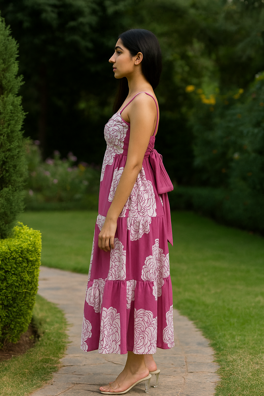 Pink Floral Tiered Cotton Dress