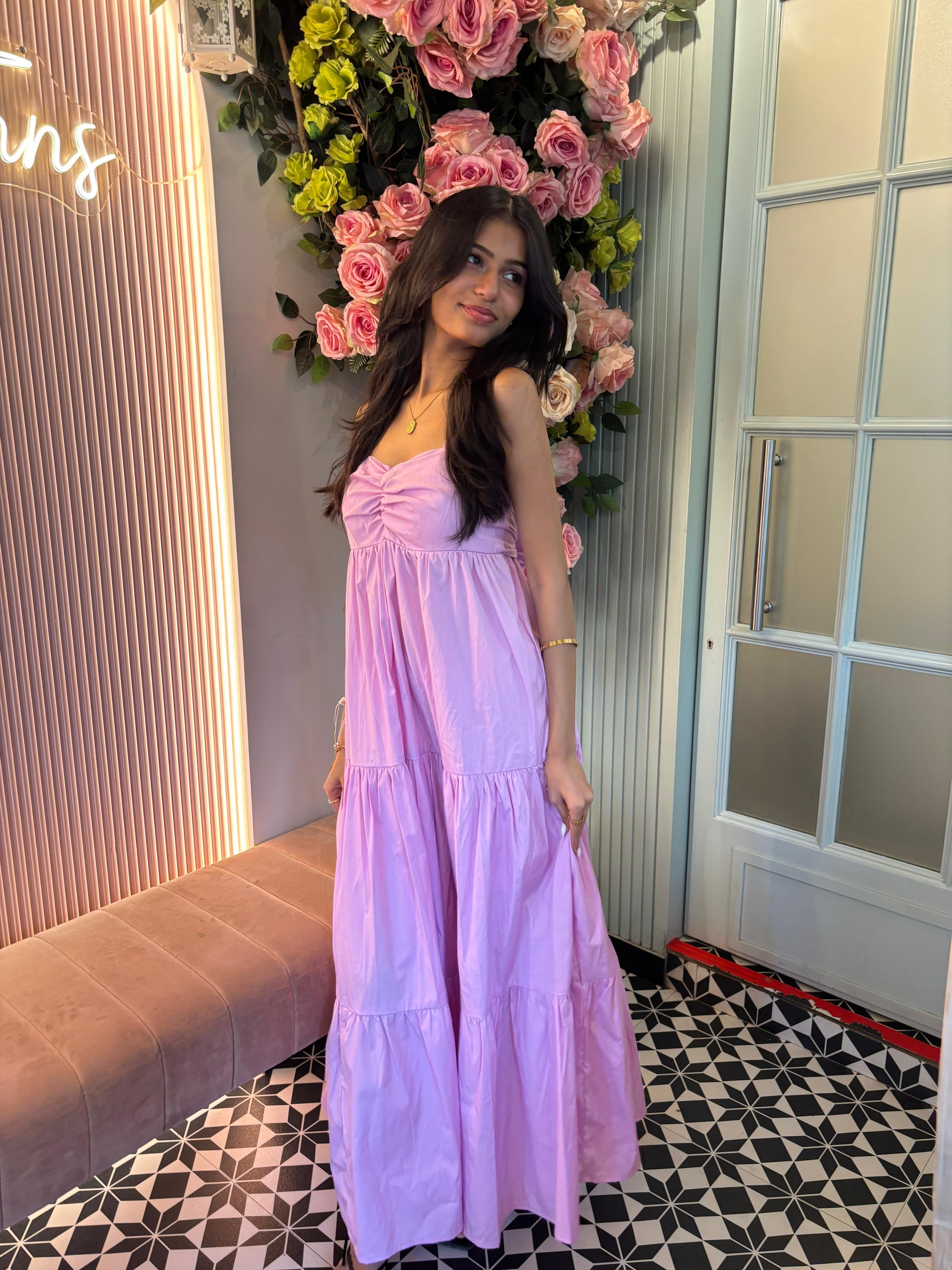 Lavender Tiered Midi Dress with back Tie