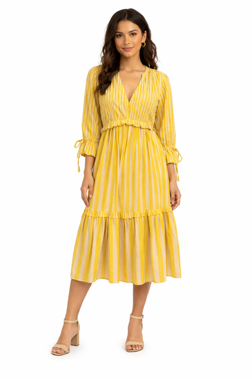 Sunlit Stroll Yellow Striped Midi Dress
