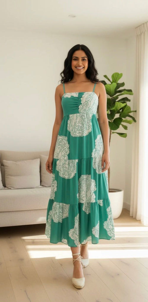 Turquoise Floral Tiered Cotton Dress