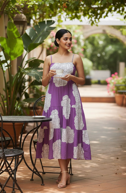 Violet Floral Tiered Cotton Dress
