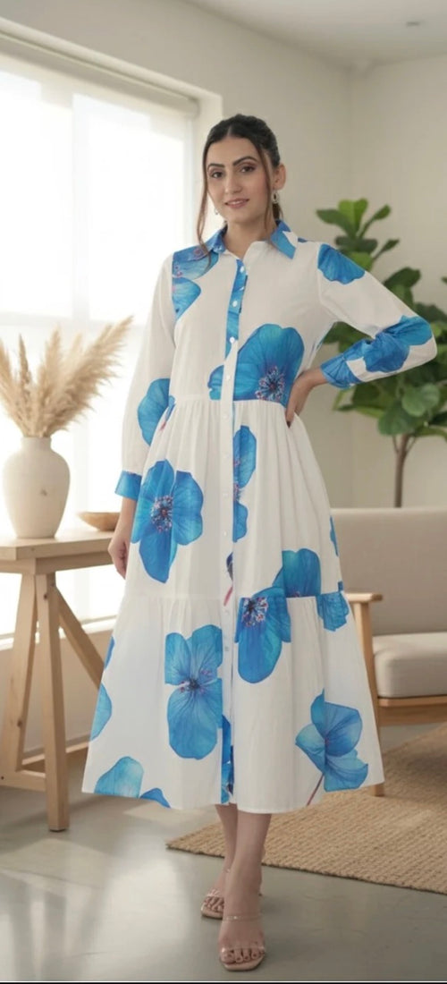 Blue Bloom Button-Down Midi Dress