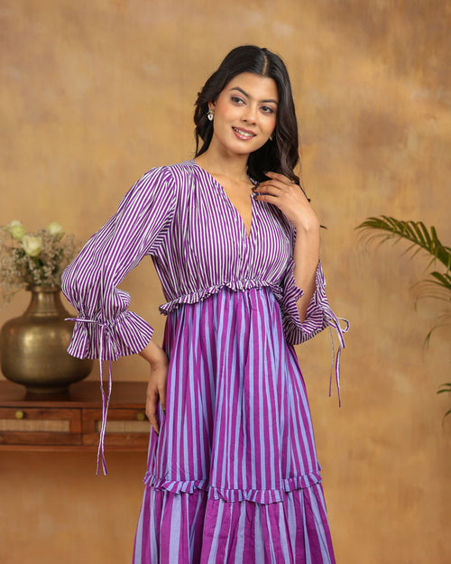 Lilac Striped Tiered Midi Dress