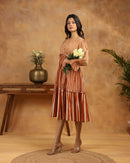 Brown Striped Tiered Midi Dress