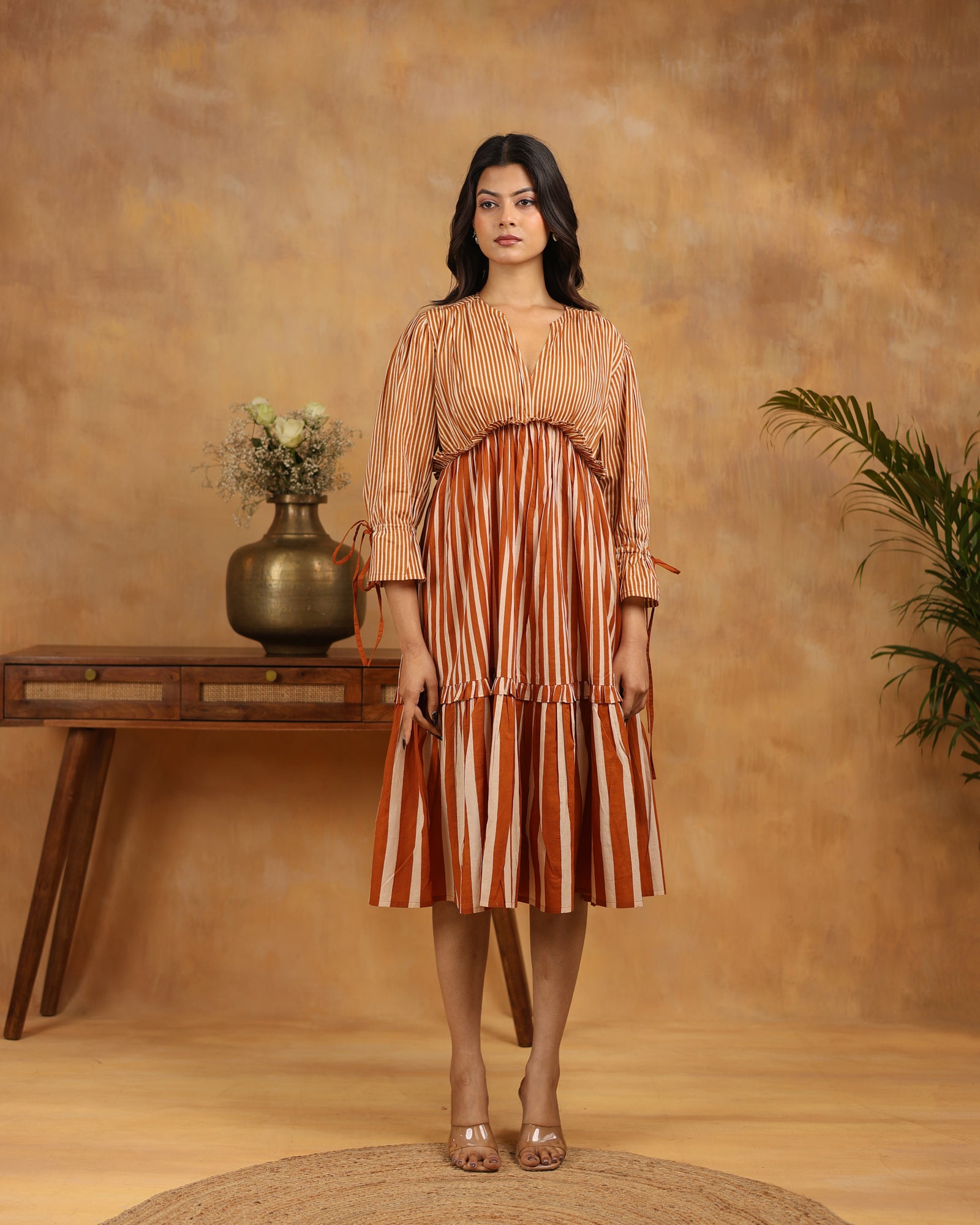 Brown Striped Tiered Midi Dress