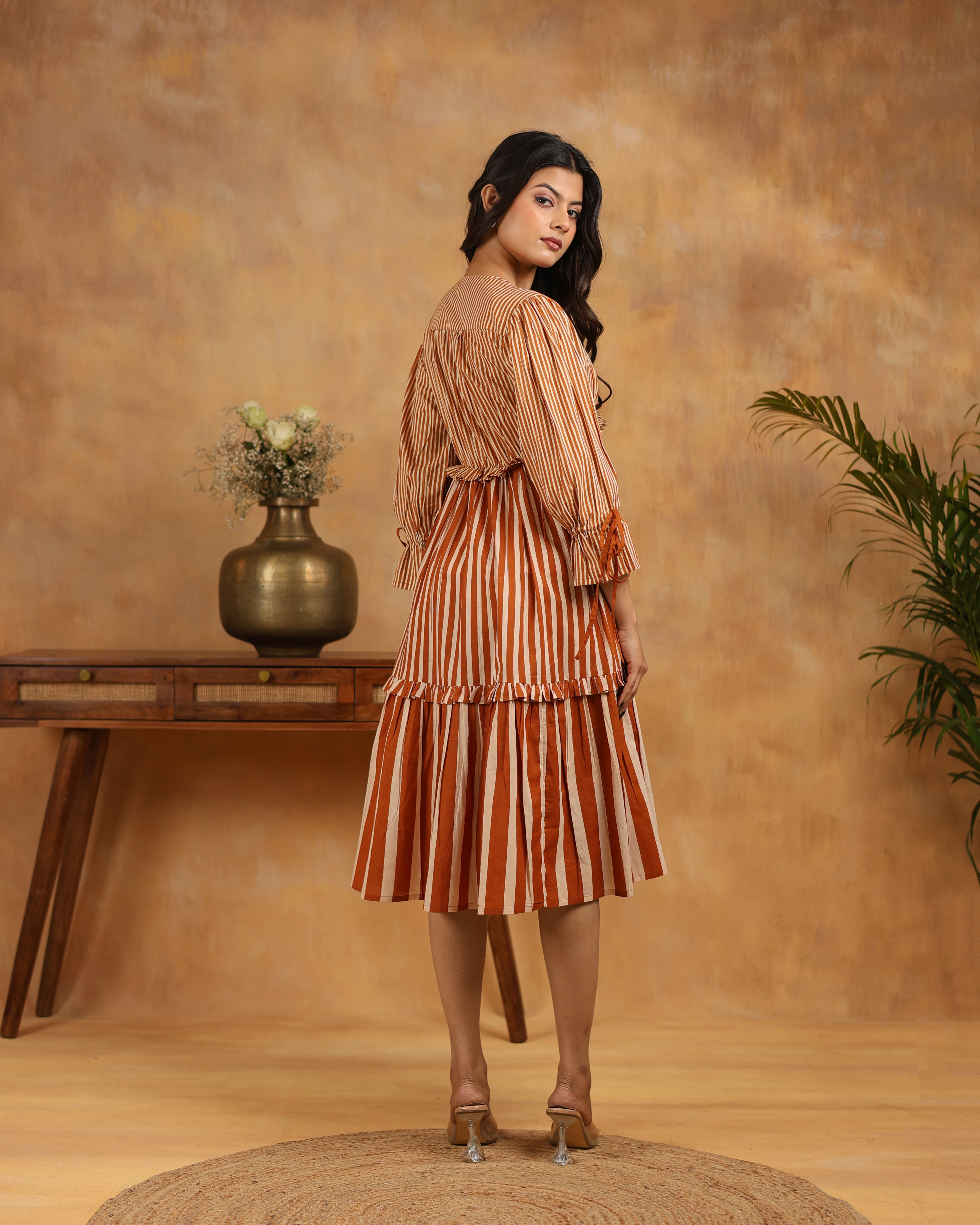 Brown Striped Tiered Midi Dress