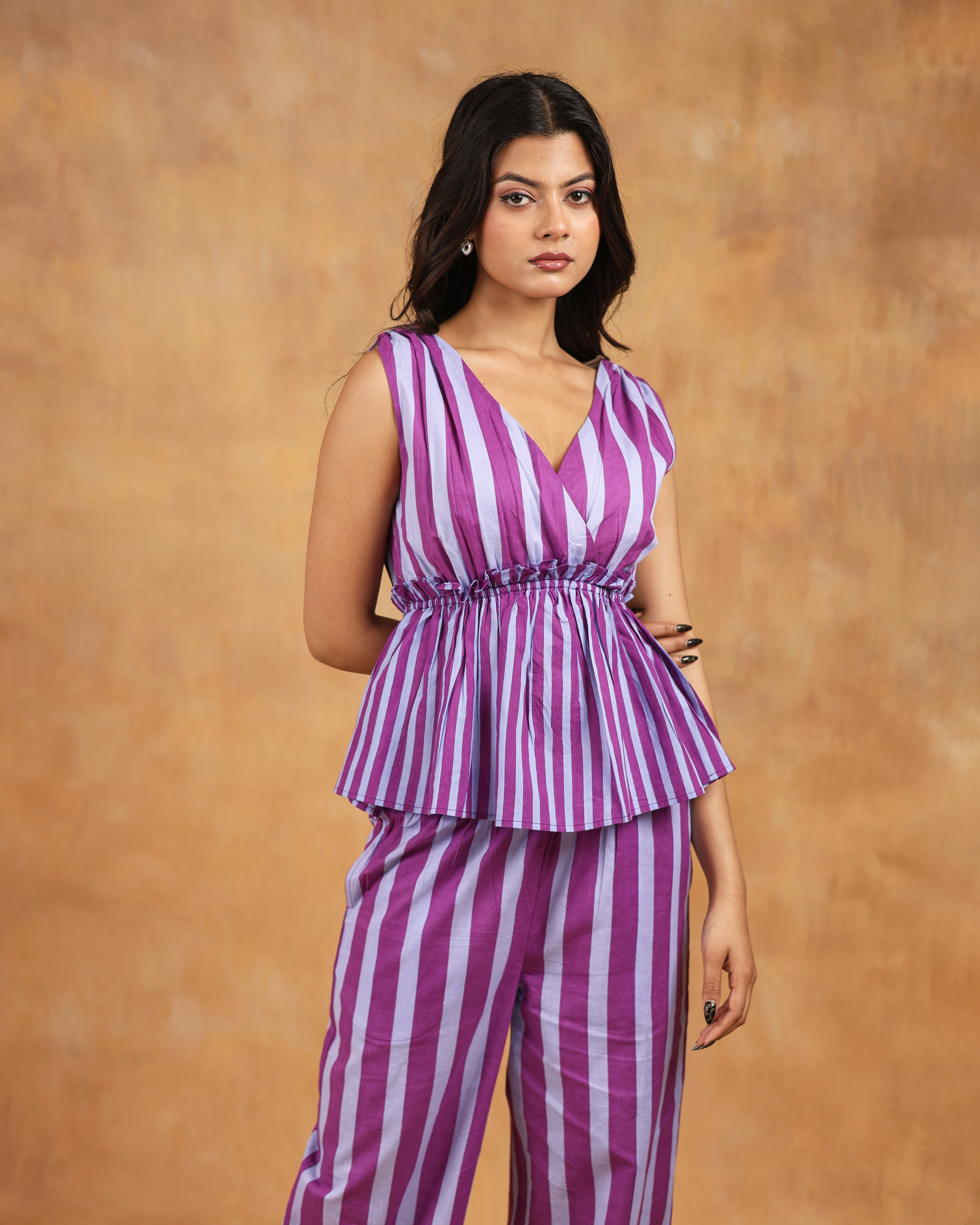 Striped Peplum Top & Straight Pants Co-Ord Set