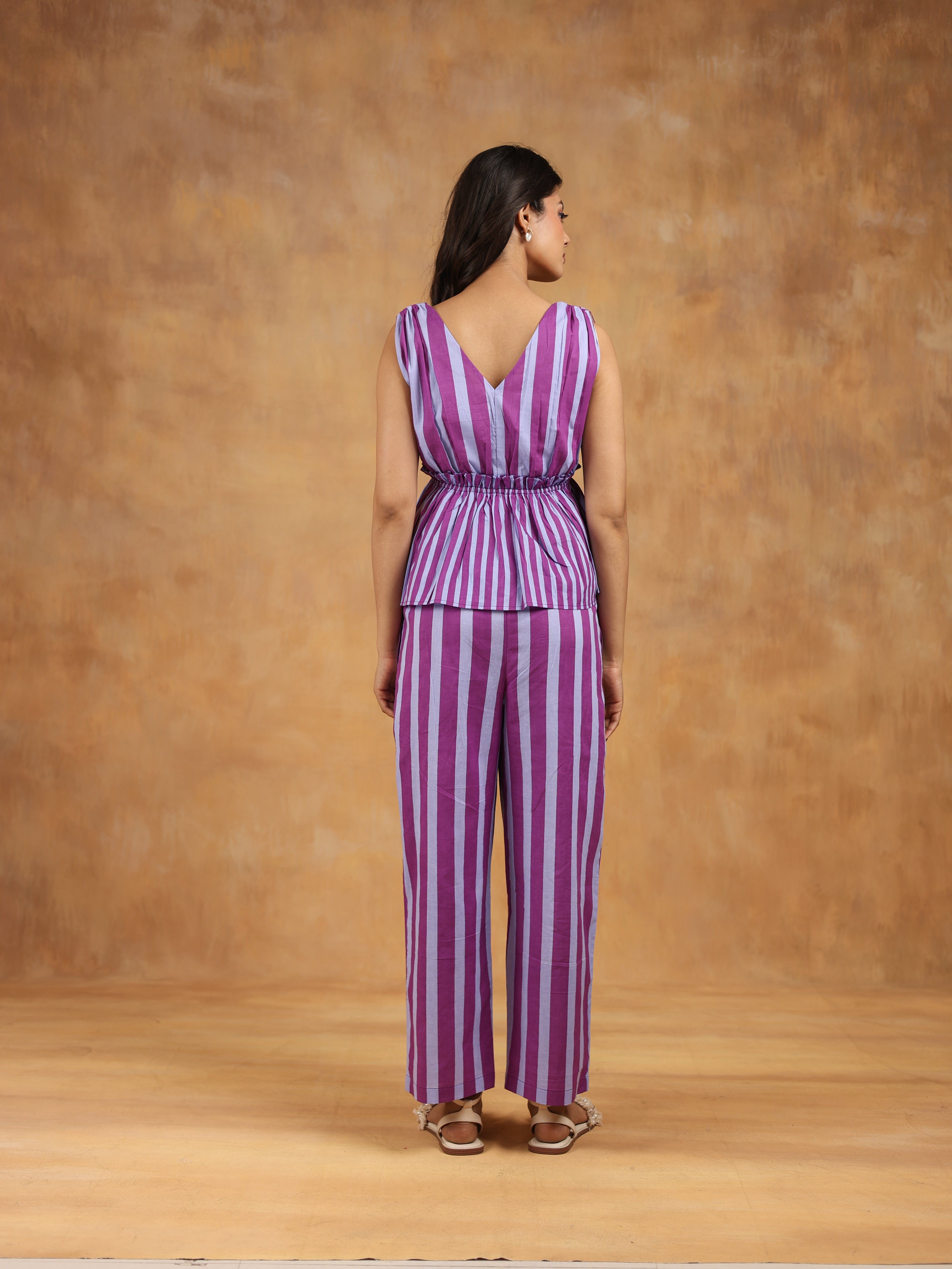 Striped Peplum Top & Straight Pants Co-Ord Set