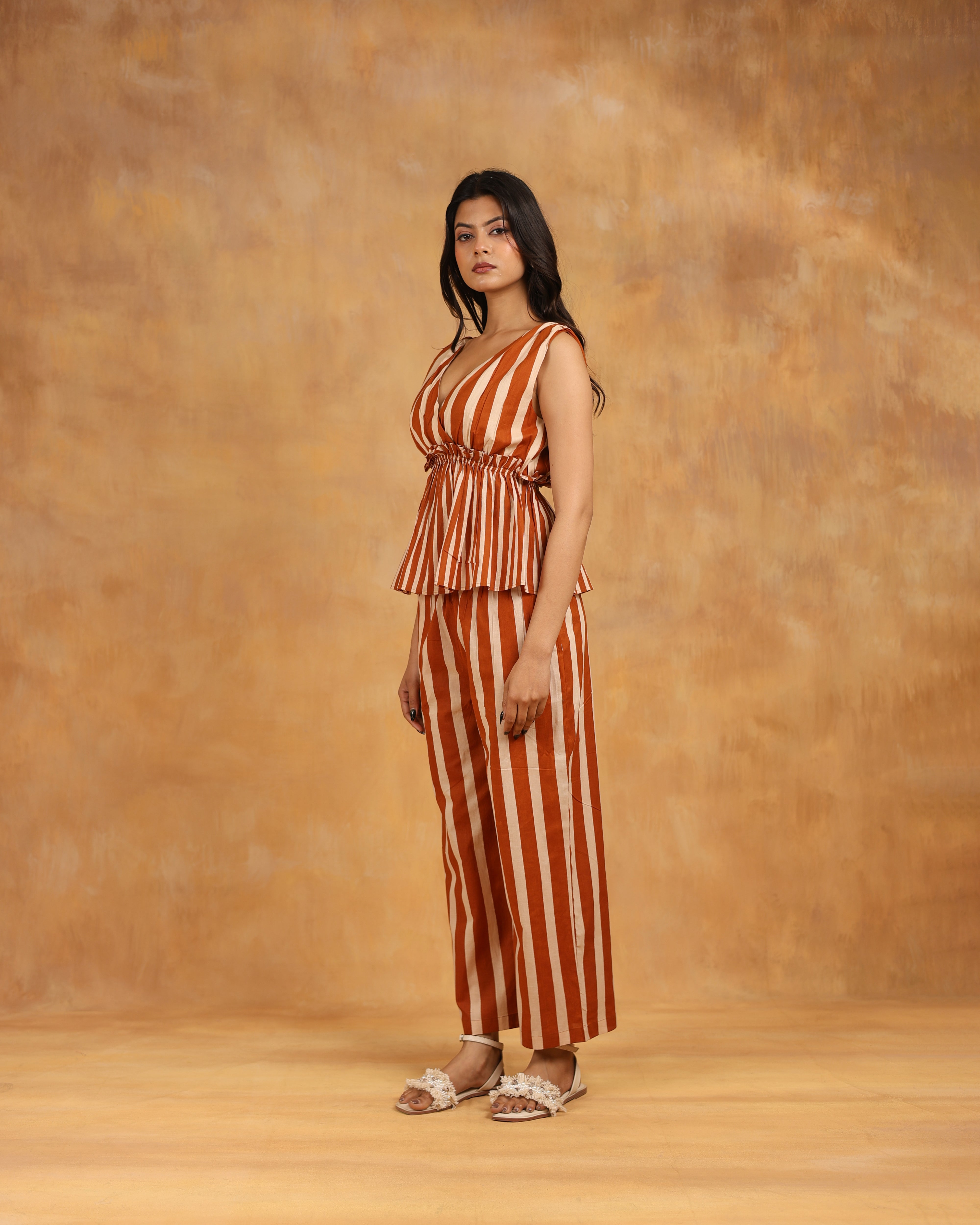 Brown Striped Peplum Co-ord Set