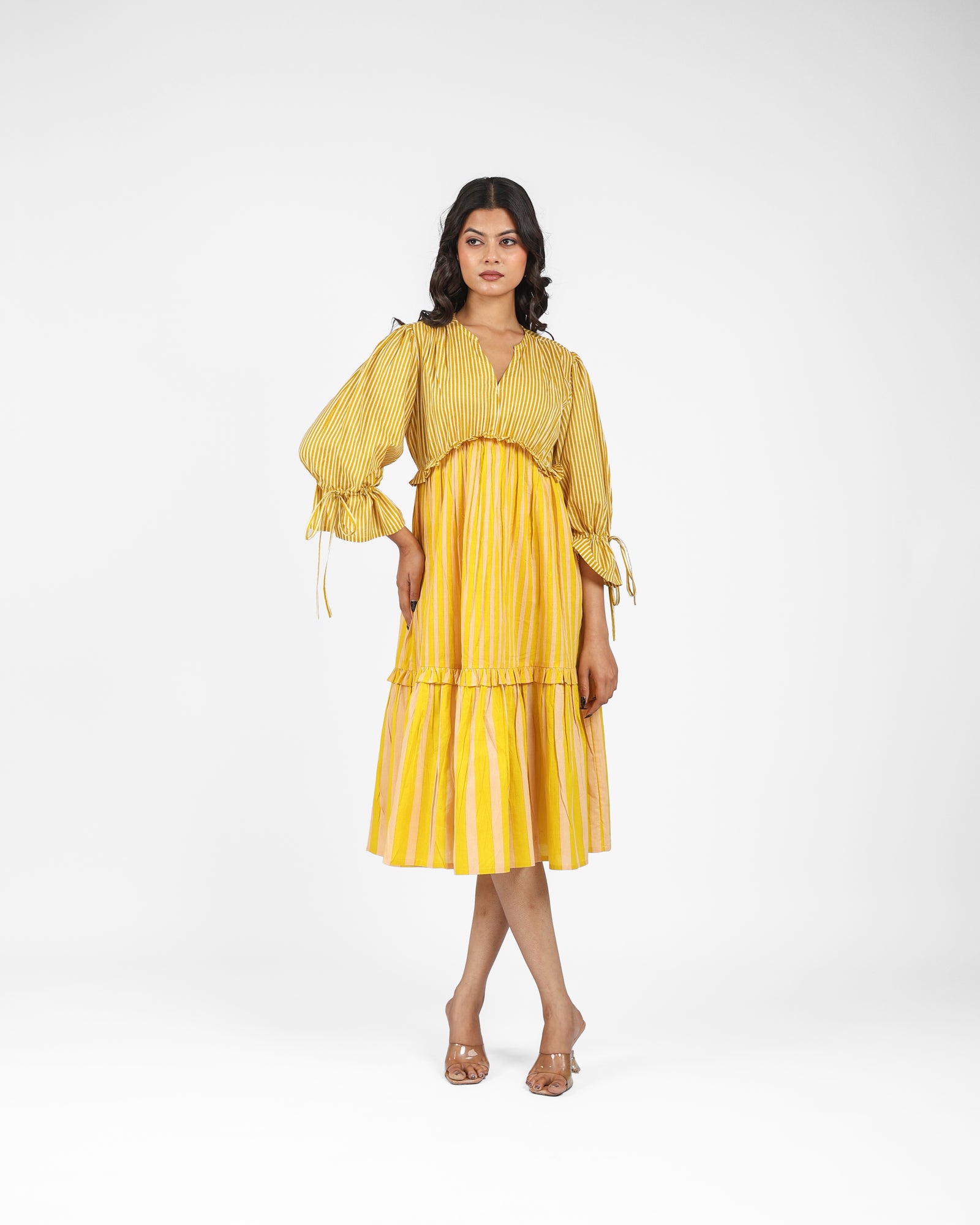 Sunlit Stroll Yellow Striped Midi Dress