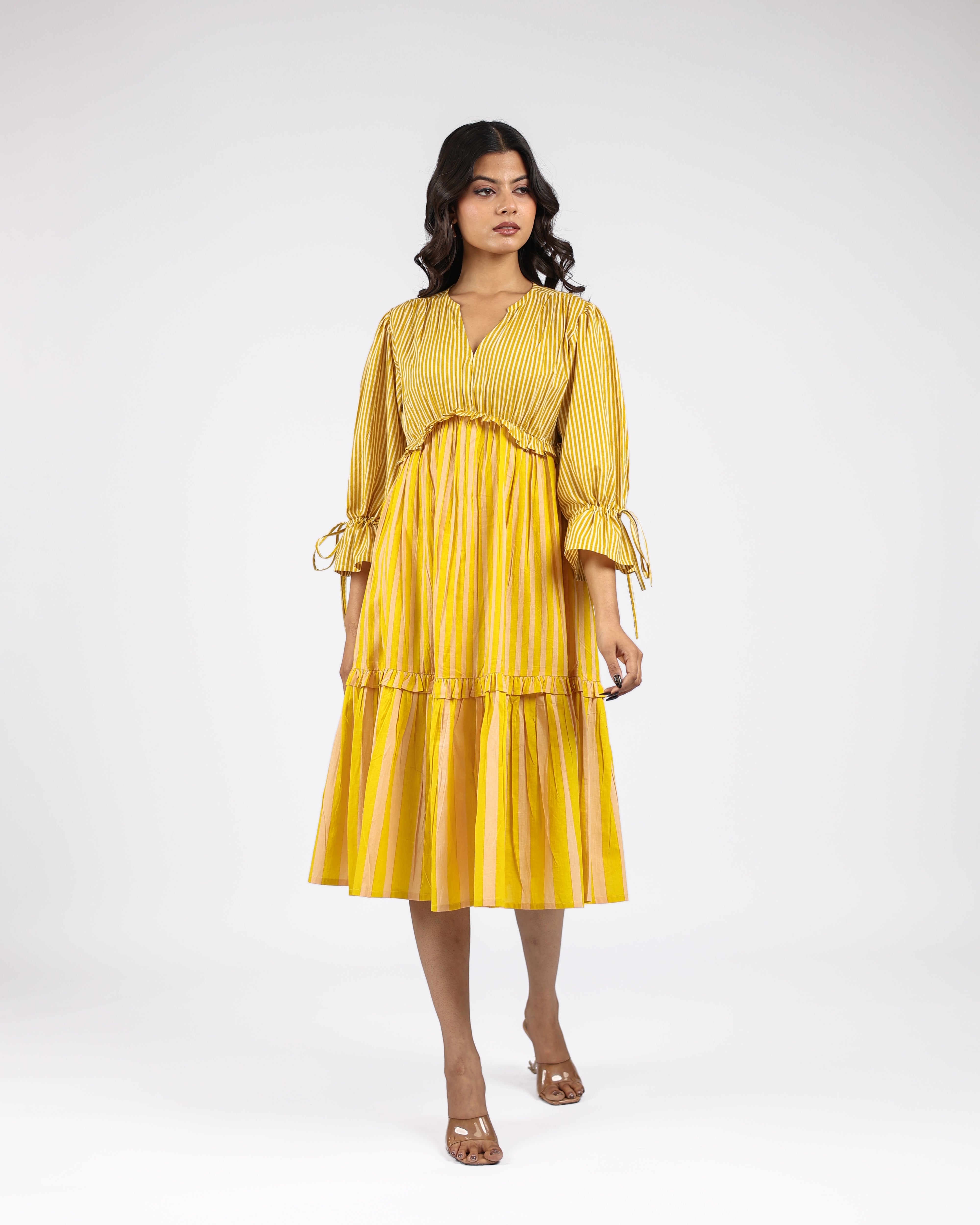 Sunlit Stroll Yellow Striped Midi Dress
