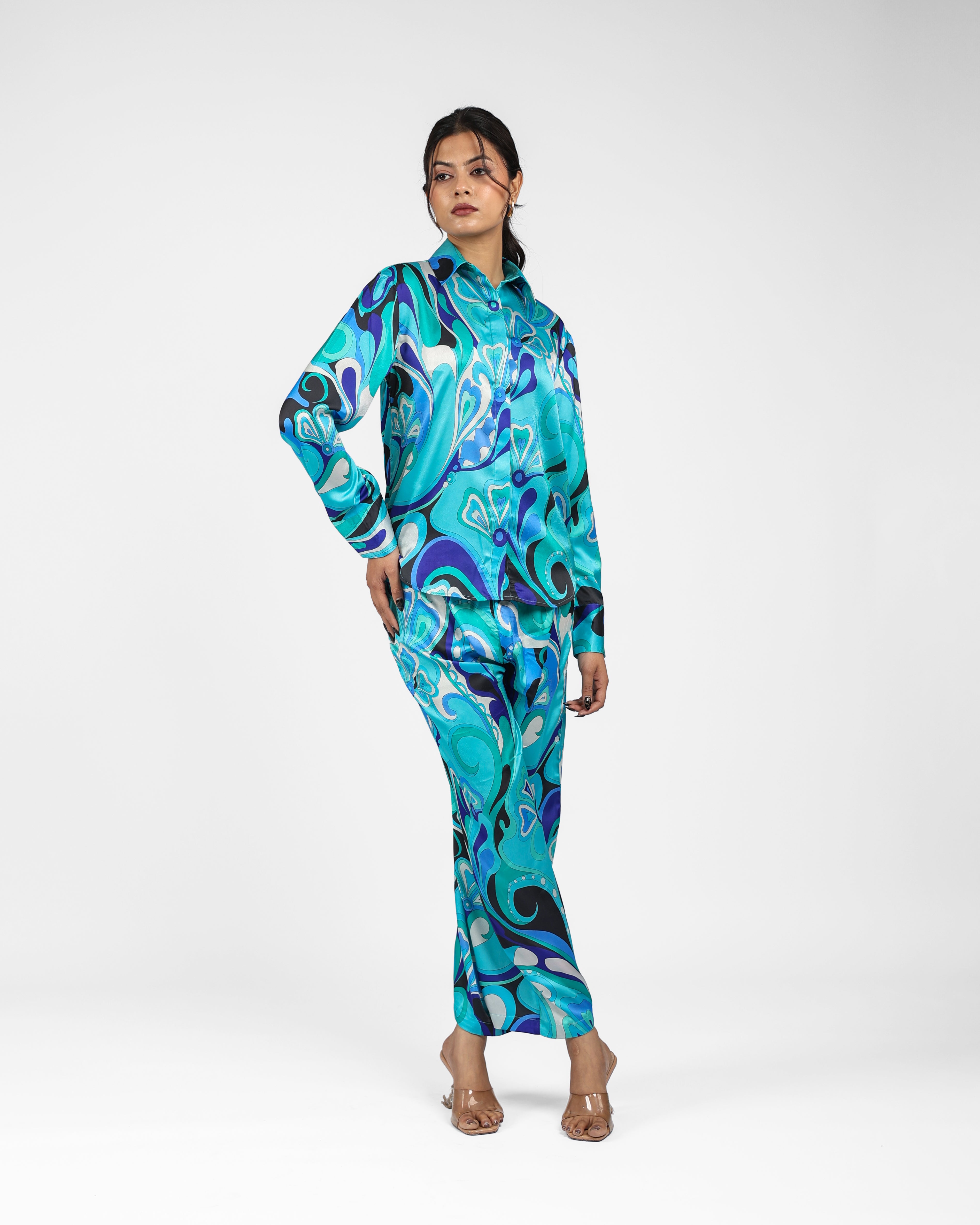 Abstract Print Satin Twin Set