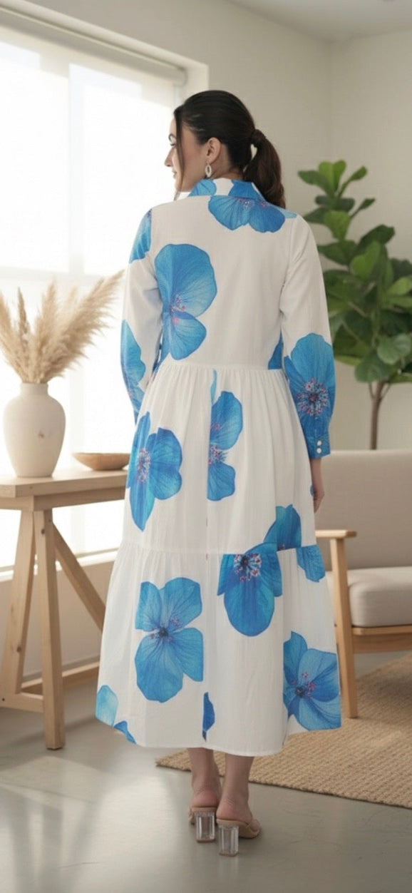 Blue Bloom Button-Down Midi Dress