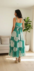 Turquoise Floral Tiered Cotton Dress