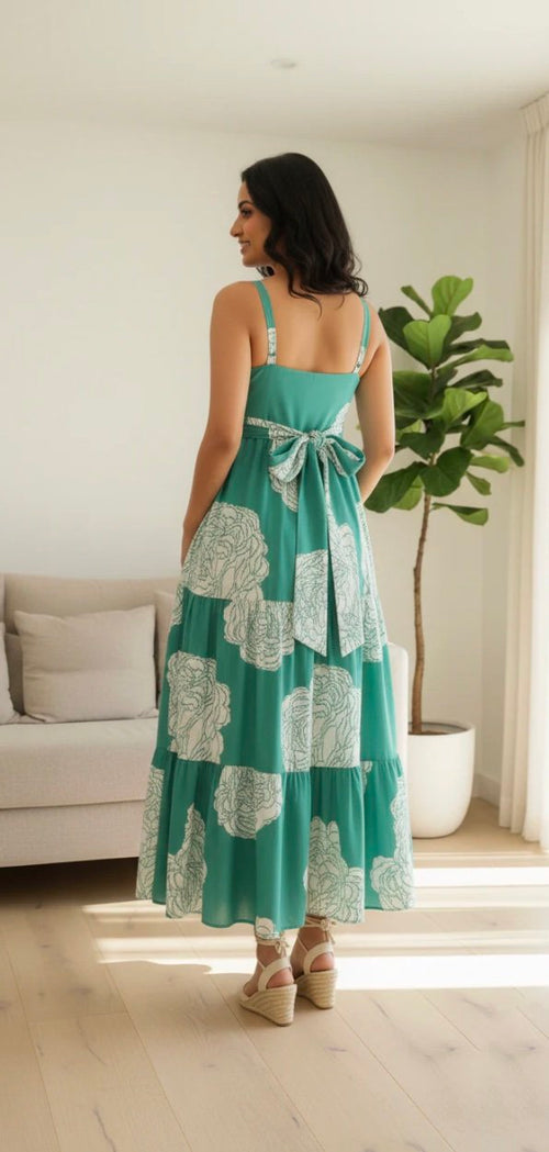 Turquoise Floral Tiered Cotton Dress