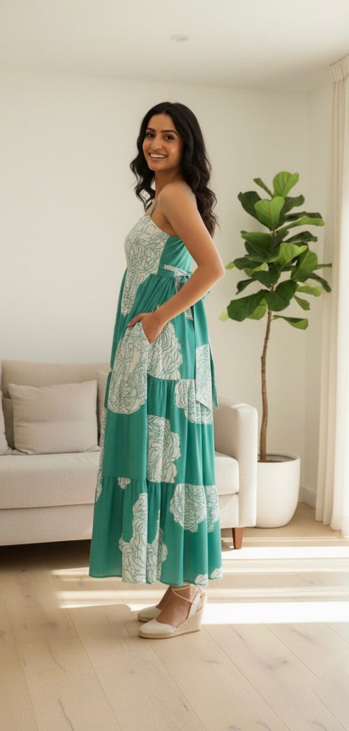 Turquoise Floral Tiered Cotton Dress