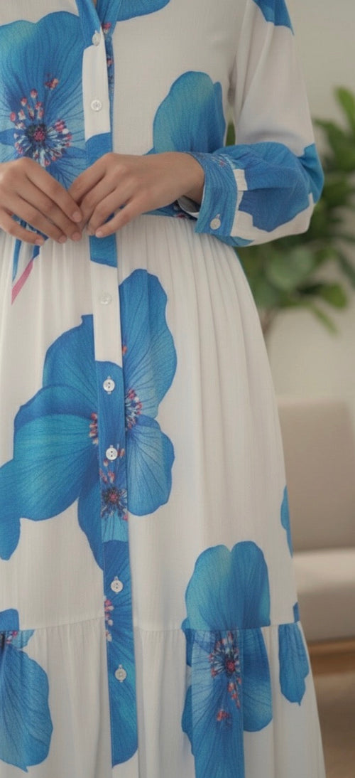 Blue Bloom Button-Down Midi Dress