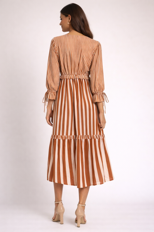Brown Striped Tiered Midi Dress