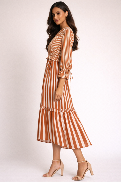 Brown Striped Tiered Midi Dress