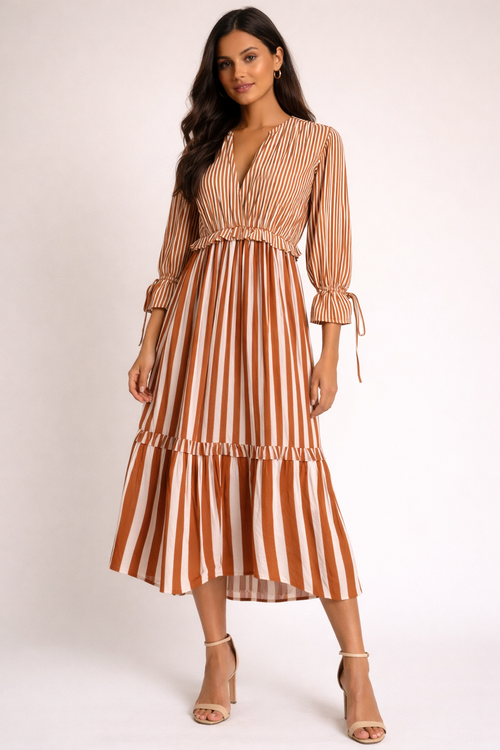 Brown Striped Tiered Midi Dress