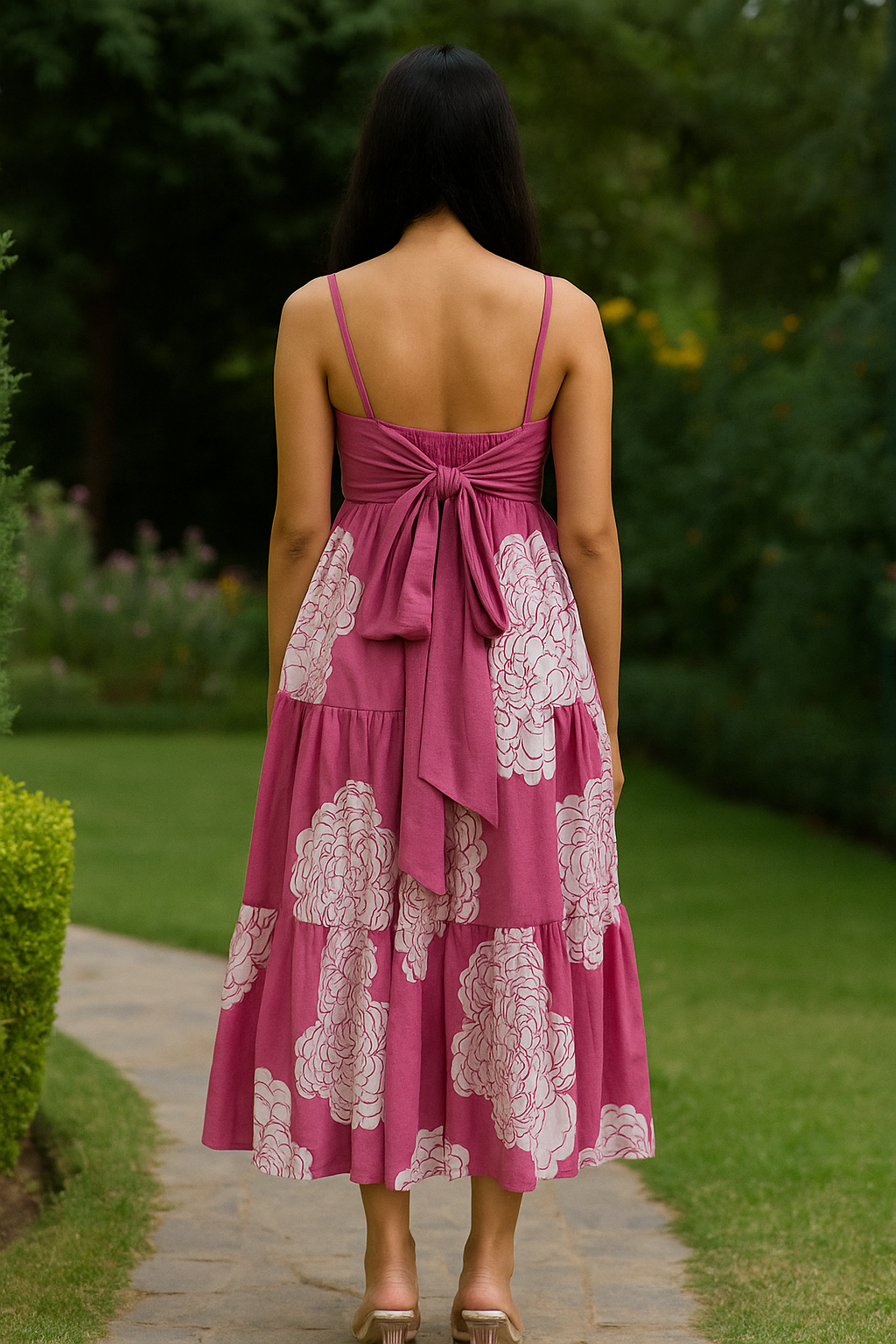 Pink Floral Tiered Cotton Dress