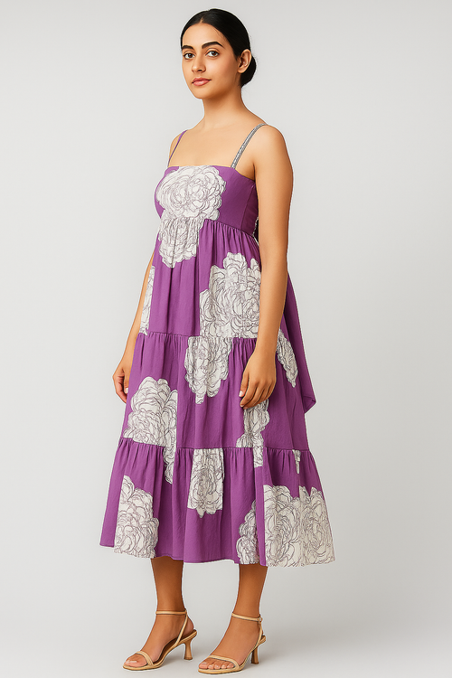 Violet Floral Tiered Cotton Dress