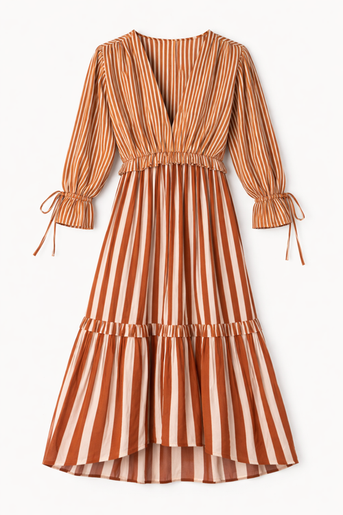 Brown Striped Tiered Midi Dress