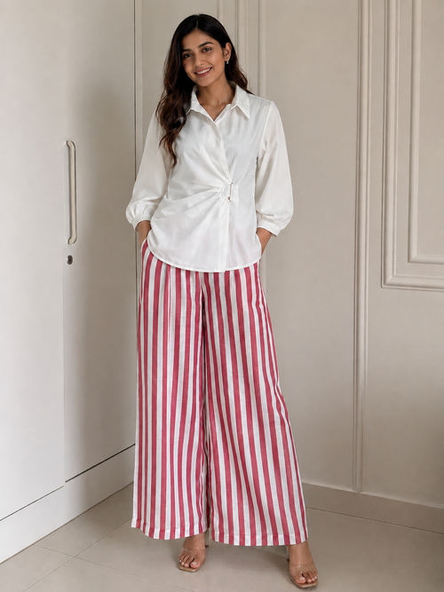 White Ring Detail Shirt & Pink Stripe Wide-Leg Co-Ord Set