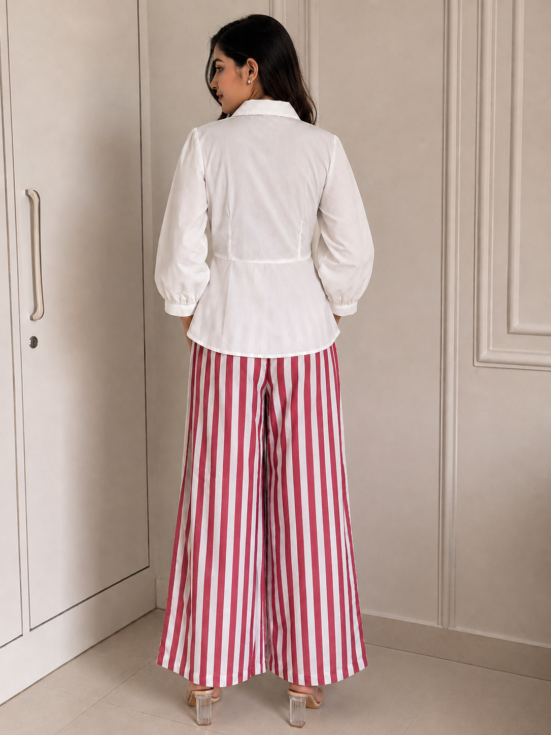 White Ring Detail Shirt & Pink Stripe Wide-Leg Co-Ord Set