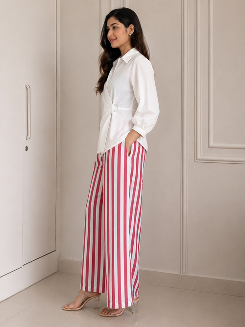 White Ring Detail Shirt & Pink Stripe Wide-Leg Co-Ord Set