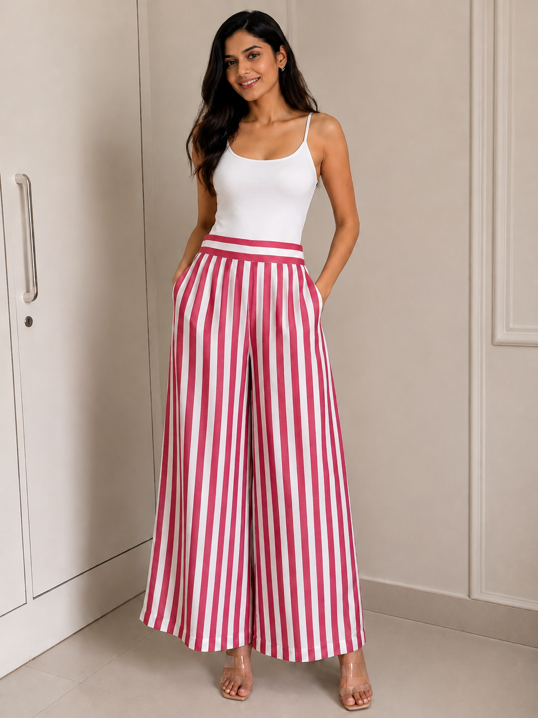 Pink & White Striped Wide-Leg Palazzo Trousers