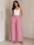 Pink & White Striped Wide-Leg Palazzo Trousers