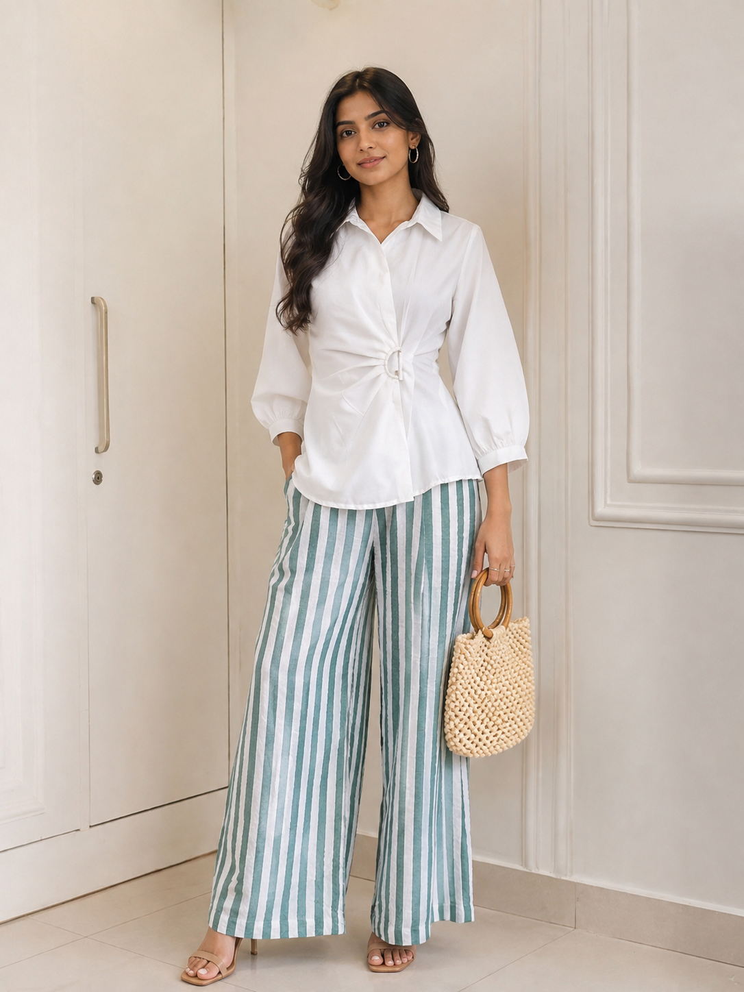 White Ring Detail Shirt & Sage Green Stripe Wide-Leg Co-Ord Set