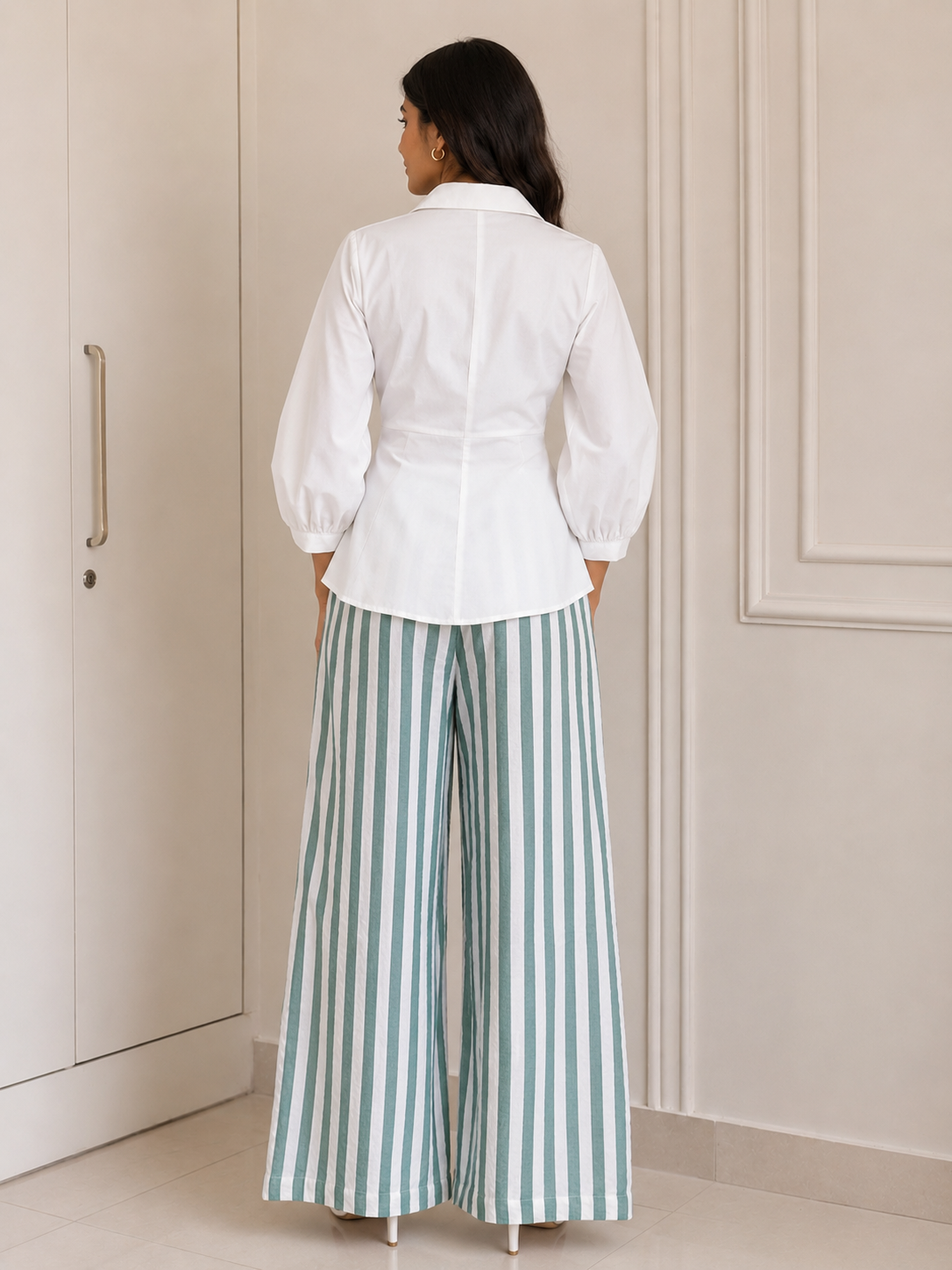 White Ring Detail Shirt & Sage Green Stripe Wide-Leg Co-Ord Set