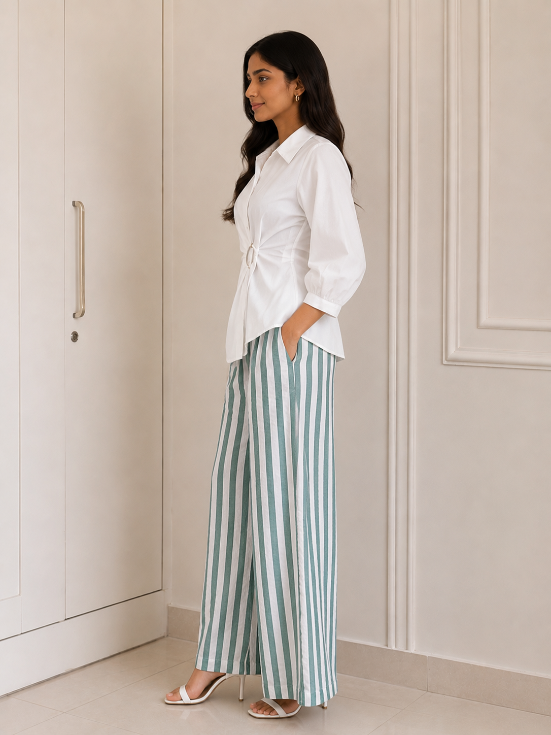 White Ring Detail Shirt & Sage Green Stripe Wide-Leg Co-Ord Set