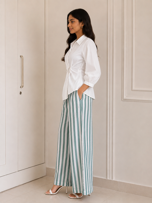 White Ring Detail Shirt & Sage Green Stripe Wide-Leg Co-Ord Set