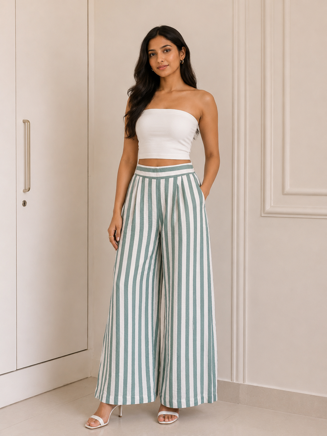 Sage Green Striped Wide-Leg Trousers