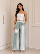 Sage Green Striped Wide-Leg Trousers