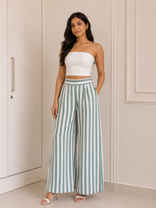 Sage Green Striped Wide-Leg Trousers