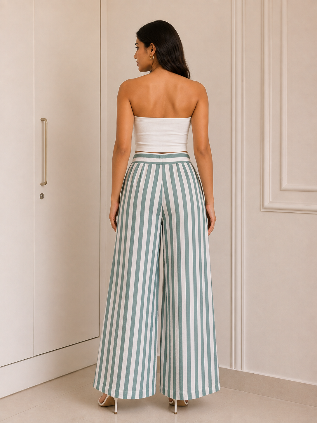 Sage Green Striped Wide-Leg Trousers