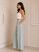 Sage Green Striped Wide-Leg Trousers