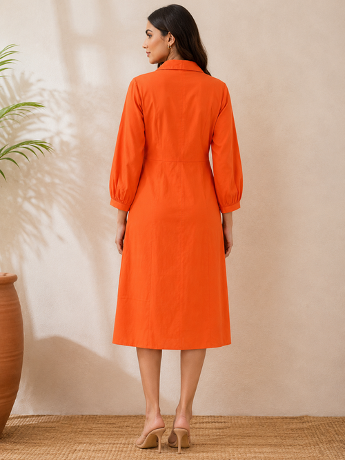 Ring Detail Midi Dress-Orange