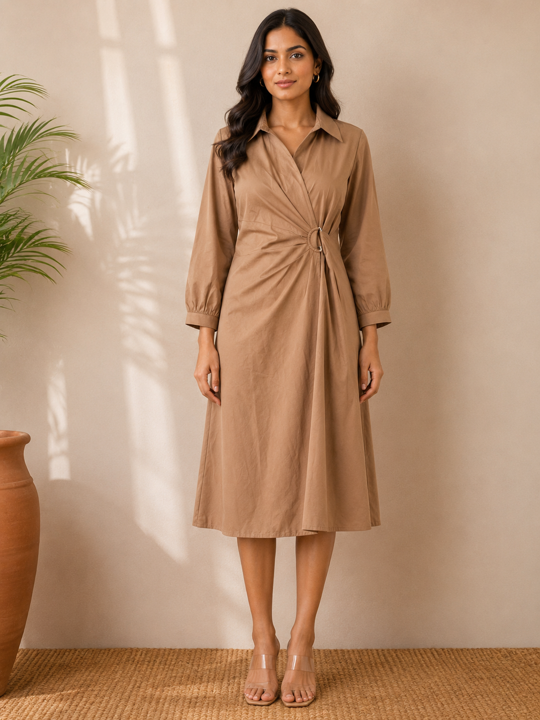 Ring Detail Midi Dress – Mocha Beige