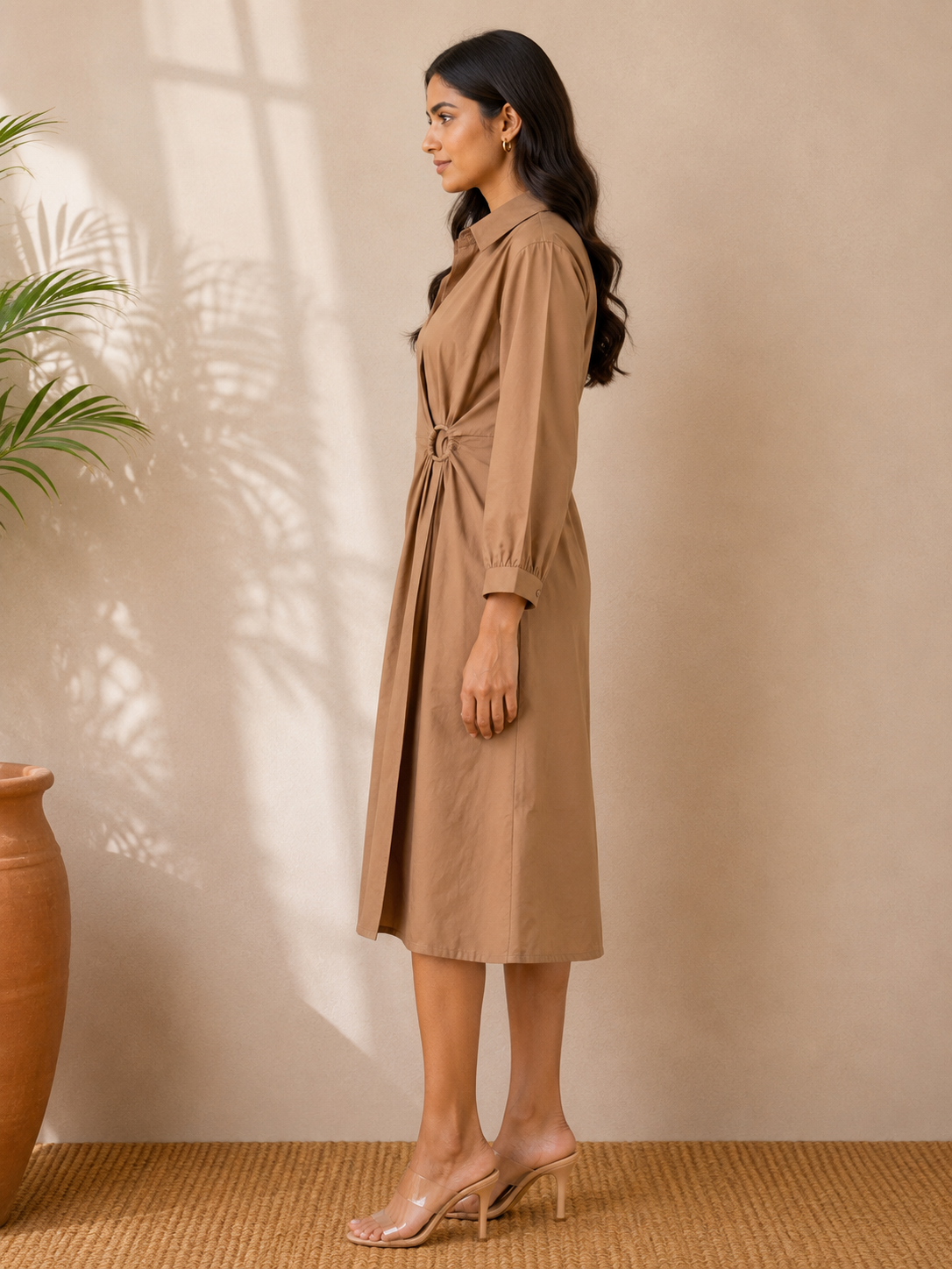 Ring Detail Midi Dress – Mocha Beige