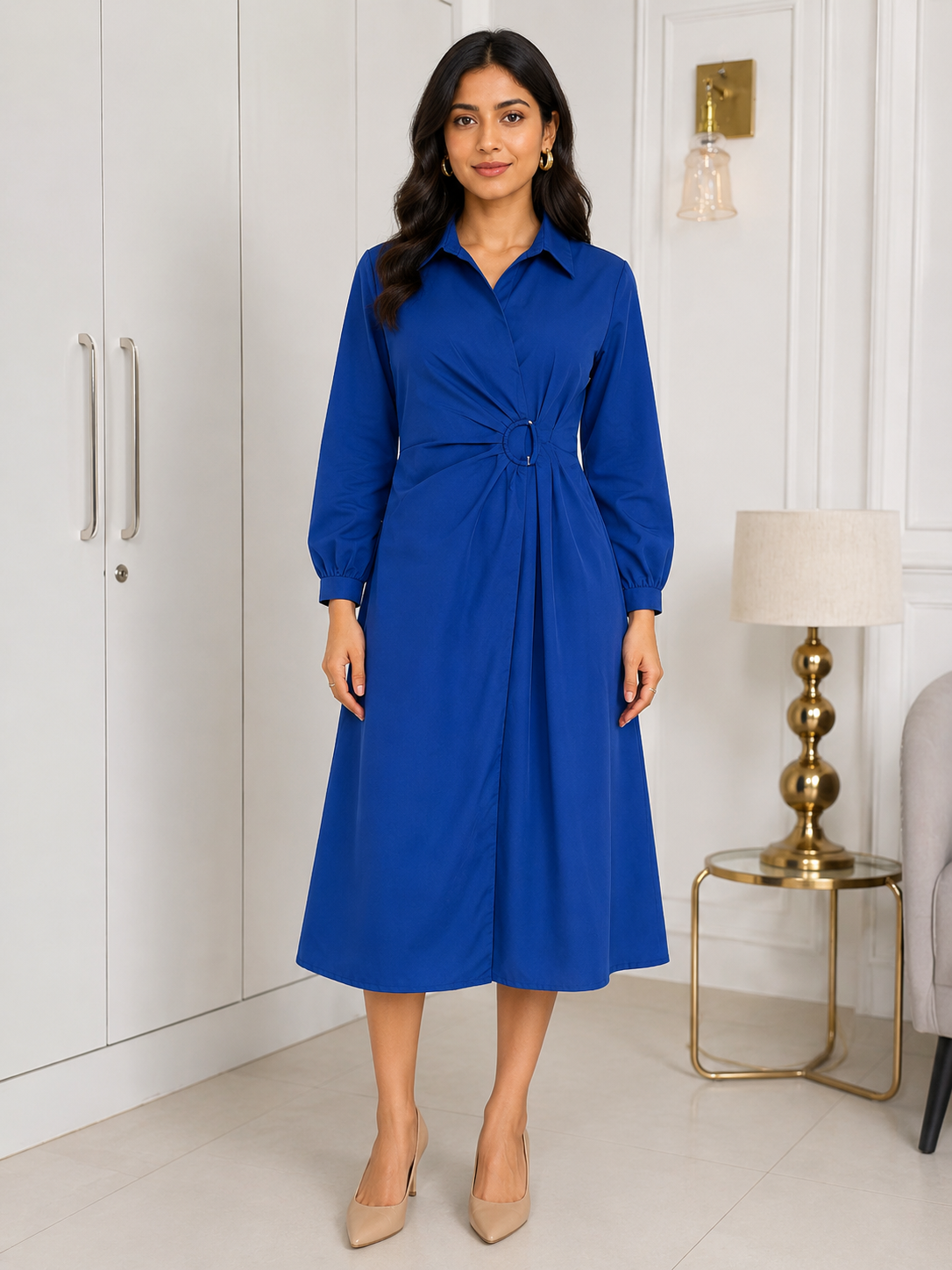 Ring Detail Midi Dress-Royal Blue