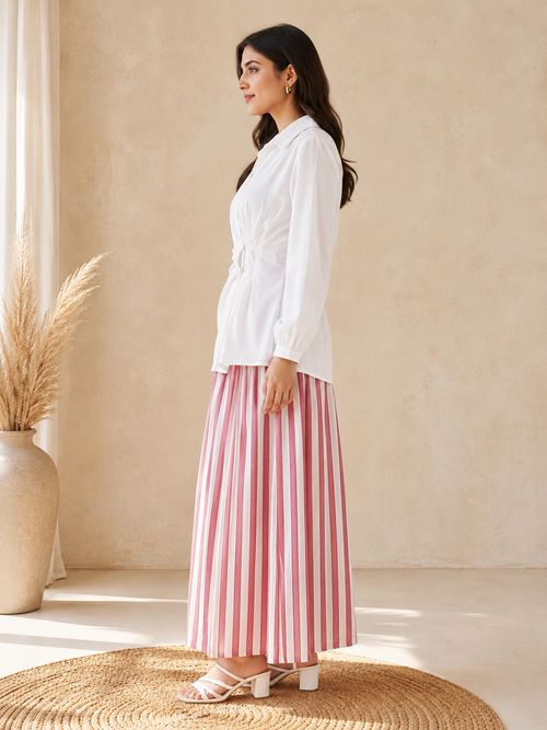 White Wrap Shirt & Pink Striped Skirt Co-Ord Set