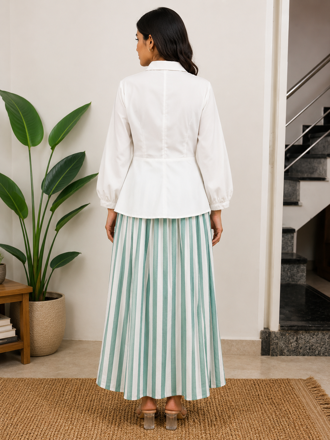White Wrap Shirt & Striped Skirt Co-Ord Set