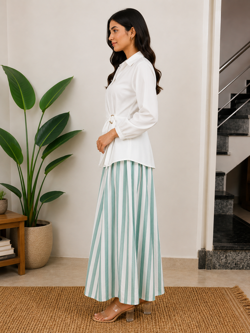 White Wrap Shirt & Striped Skirt Co-Ord Set