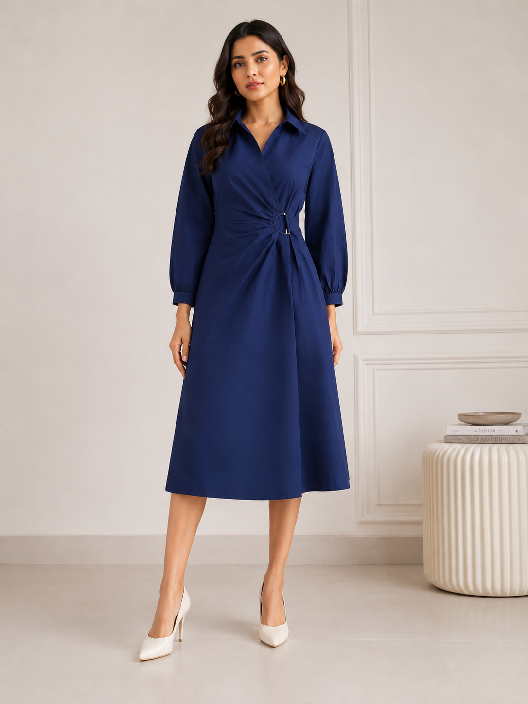 Ring Detail Midi Dress-Navy