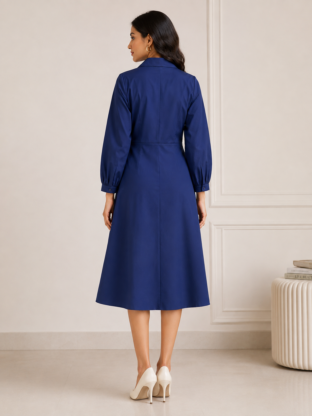 Ring Detail Midi Dress-Navy